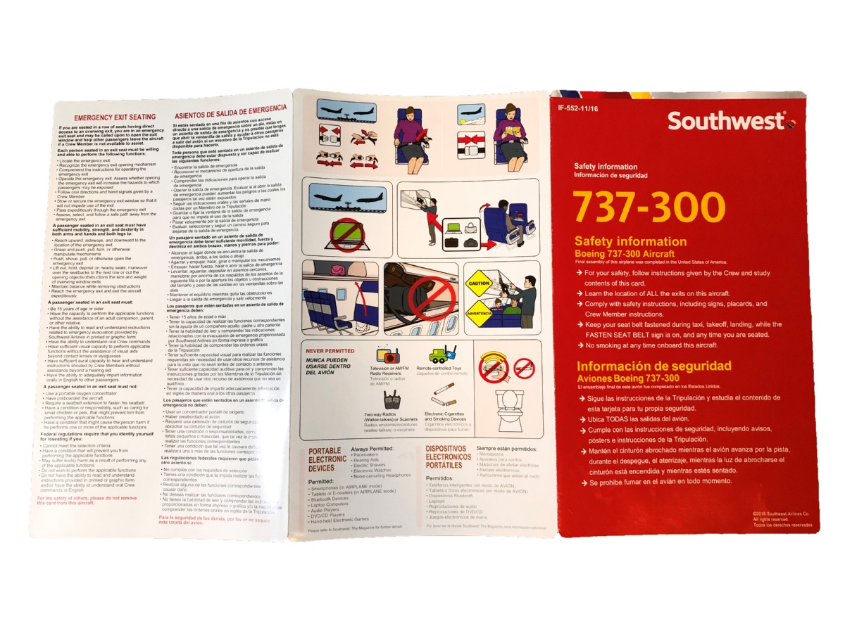 SWA Beoing 737 300 Safety Card Open